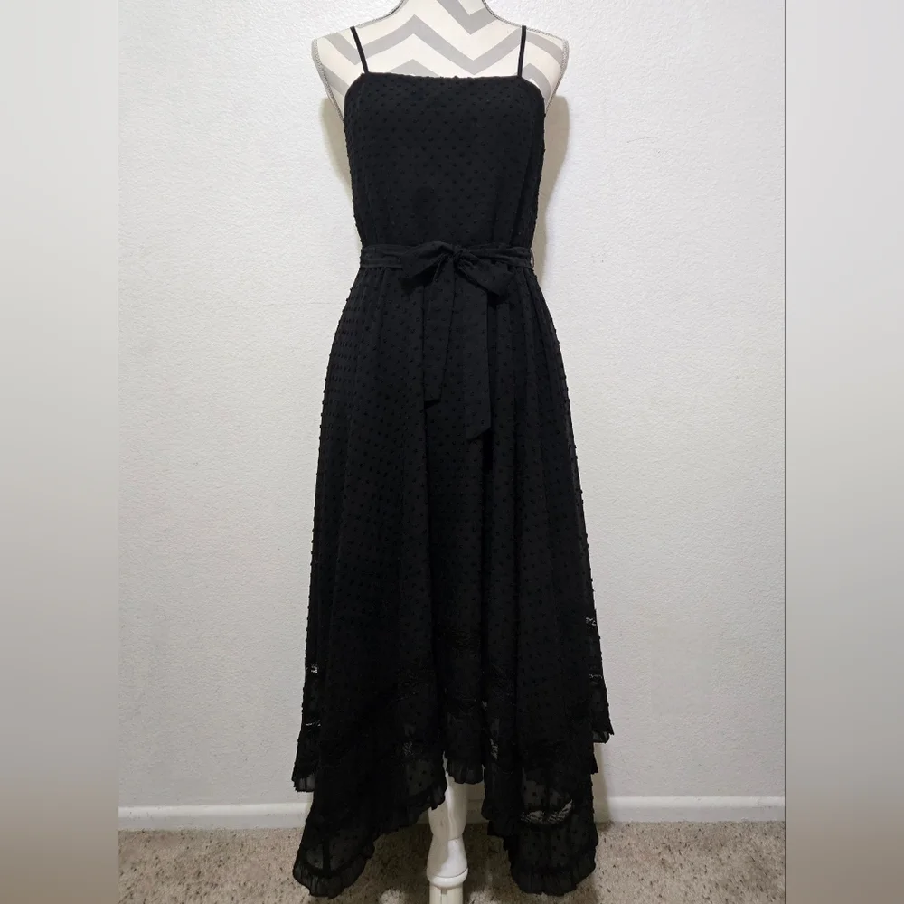 AQUA Black Midi Dress Swiss Dot Lace Inset Handkerchief Hem Tie Waist Small - Picture 2 of 15